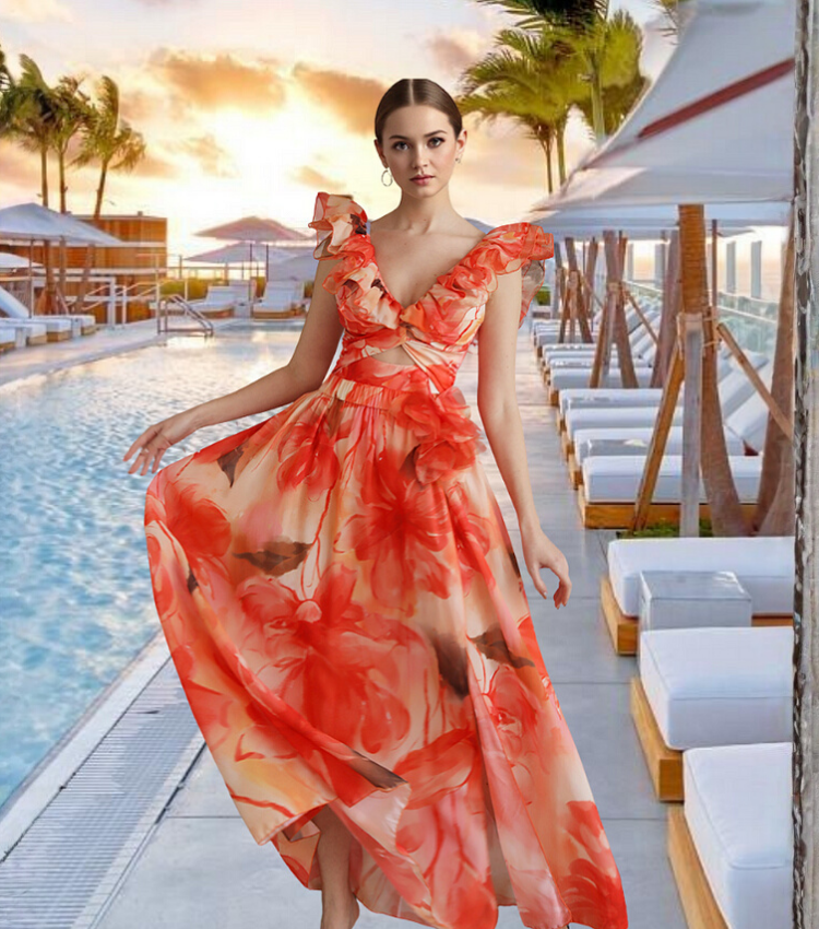Ruffle Shoulder Flower Print One Piece Swimsuit and Skirt