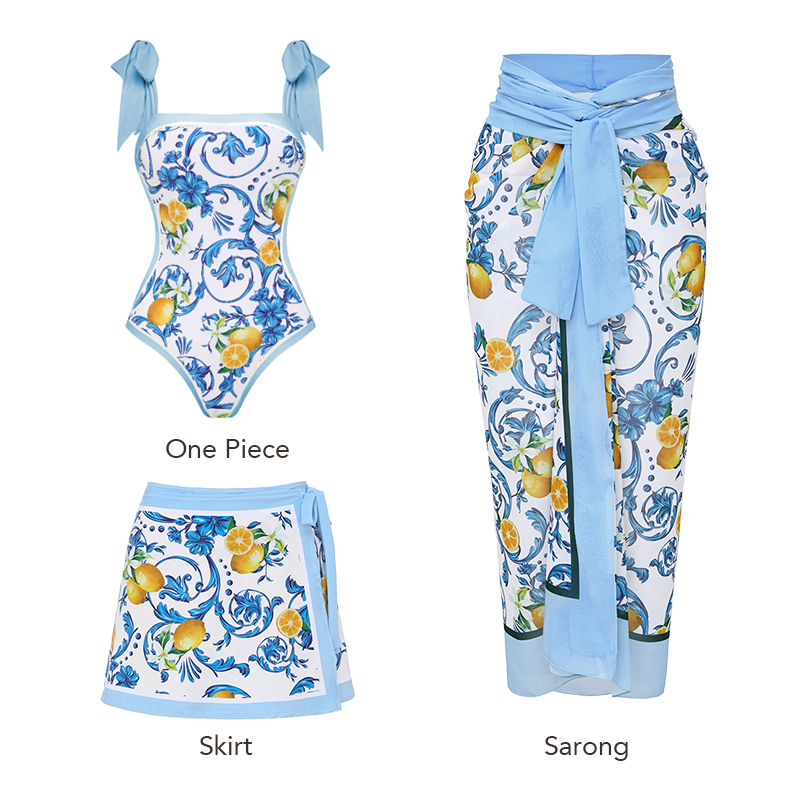 Lemon Print Tie-shoulder One Piece Swimsuit and Sarong or Skirt Flaxmaker