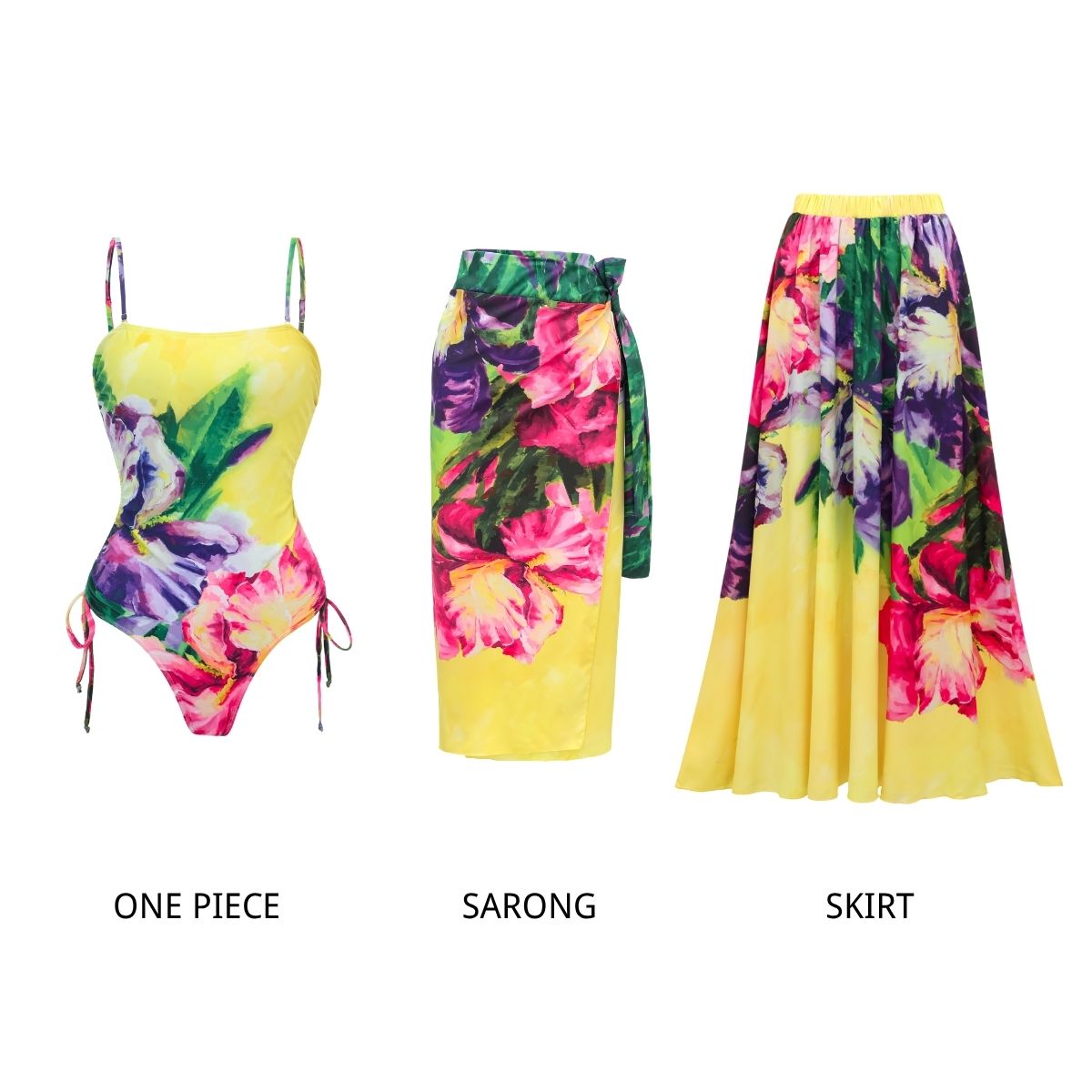 Yellow Oil Painting Flower Print Swimsuit and Sarong