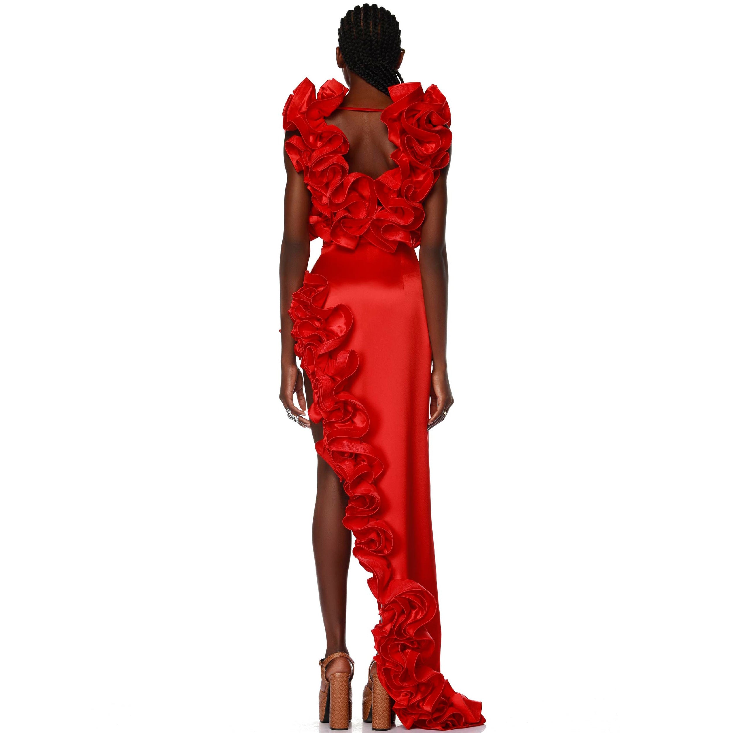 Plus Size Red Flower Frilled V Neck One Piece Swimsuit and Skirt
