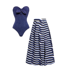 Plus Size Bowknot Bandeau One Piece Swimsuit and Skirt Flaxmaker