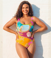 Plus Size Round Neck Shell Print One Piece Swimsuit and Sarong or Skirt