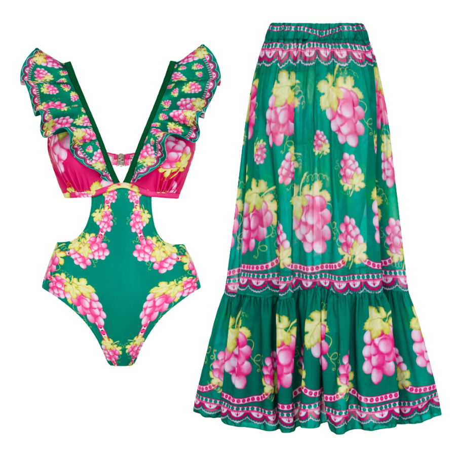 Ruffled Deep V Cutout Retro Green Grapes Print One Piece Swimsuit and Skirt
