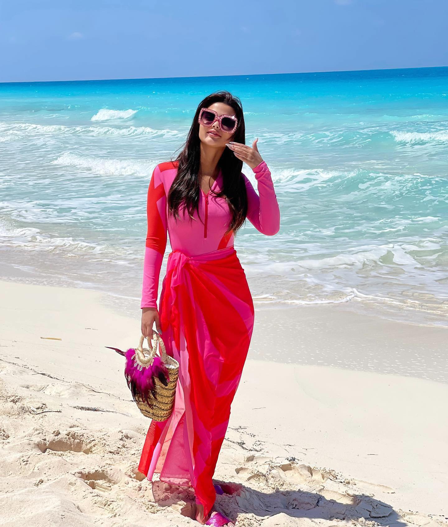Rash Guard Long Sleeve Zip Front Pink One Piece Surf Swimsuit and Sarong Flaxmaker