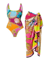 Plus Size Round Neck Shell Print One Piece Swimsuit and Sarong or Skirt