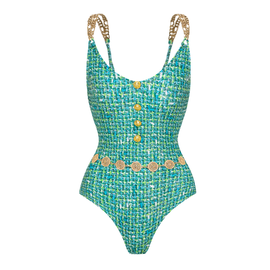 Tweed Print Metal Buckle One Piece Swimsuit and Skirt