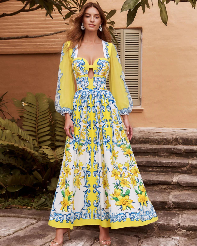 Plus Size Printed Sicily Long Sleeved One Piece Swimsuit and Skirt