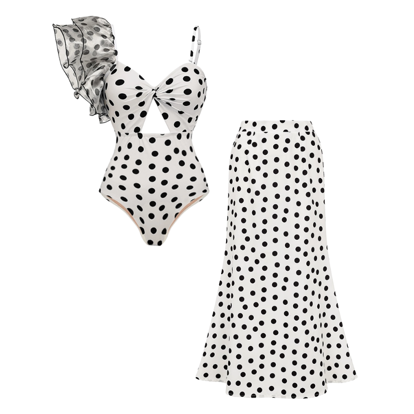 Plus Size One Shoulder Ruffle Dot Printed Cut Out One Piece Swimsuit and Skirt Flaxmaker