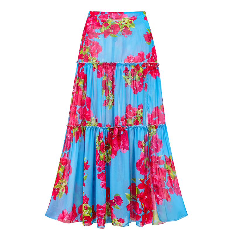 Plus Size Ruffle Removable Shoulder Strap Pink Bougainvillea Flower Swimsuit and Skirt