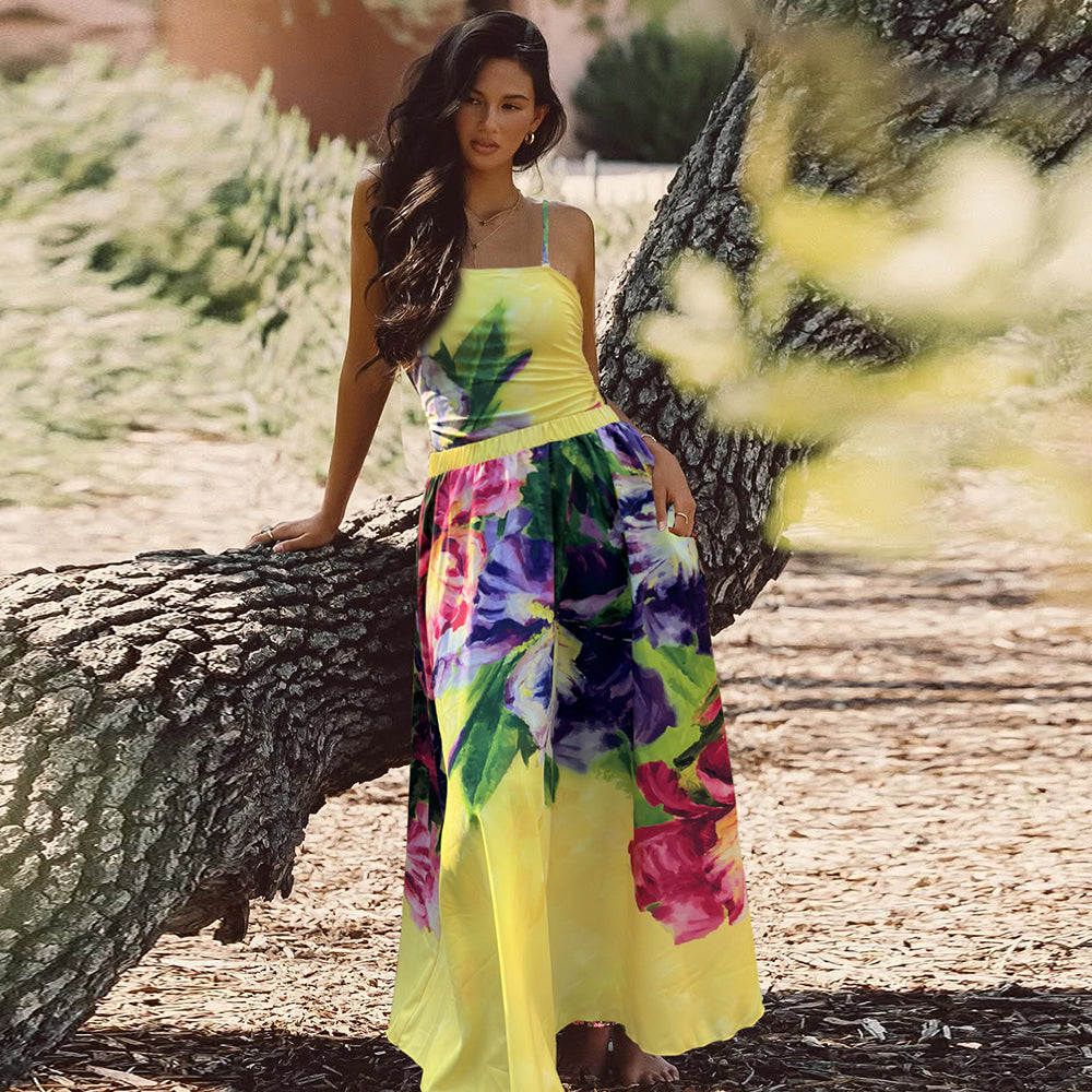 Yellow Oil Painting Flower Print Swimsuit and Sarong