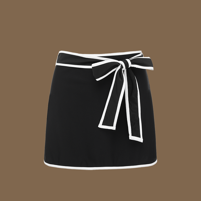 Plus Size Black and White Bowknot Shoulder One Piece Swimsuit and Skirt