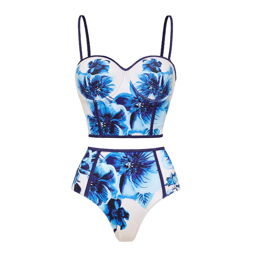 Floral Series Pattern Print Bikini Swimsuit and Skirt