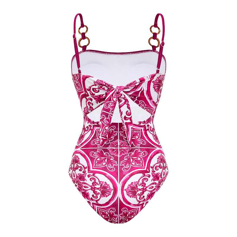 Plus Size Sling Classic Majolica Series Pattern Print One Piece Swimsuit and Skirt or Shorts
