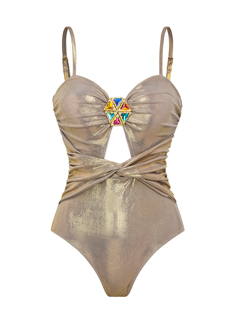 Plus Size Stone Decoration Shiny One Piece Swimsuit and Skirt