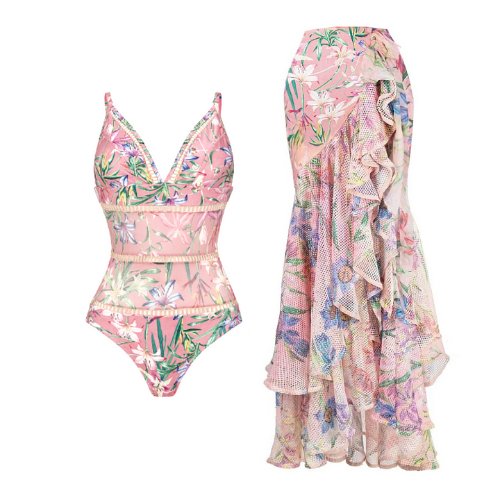 Floral Print One Piece Swimsuit and Mesh Splicing Skirt Flaxmaker