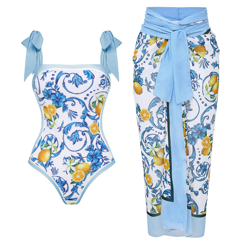Plus Size Lemon Print Tie-shoulder One Piece Swimsuit and Sarong or Skirt Flaxmaker