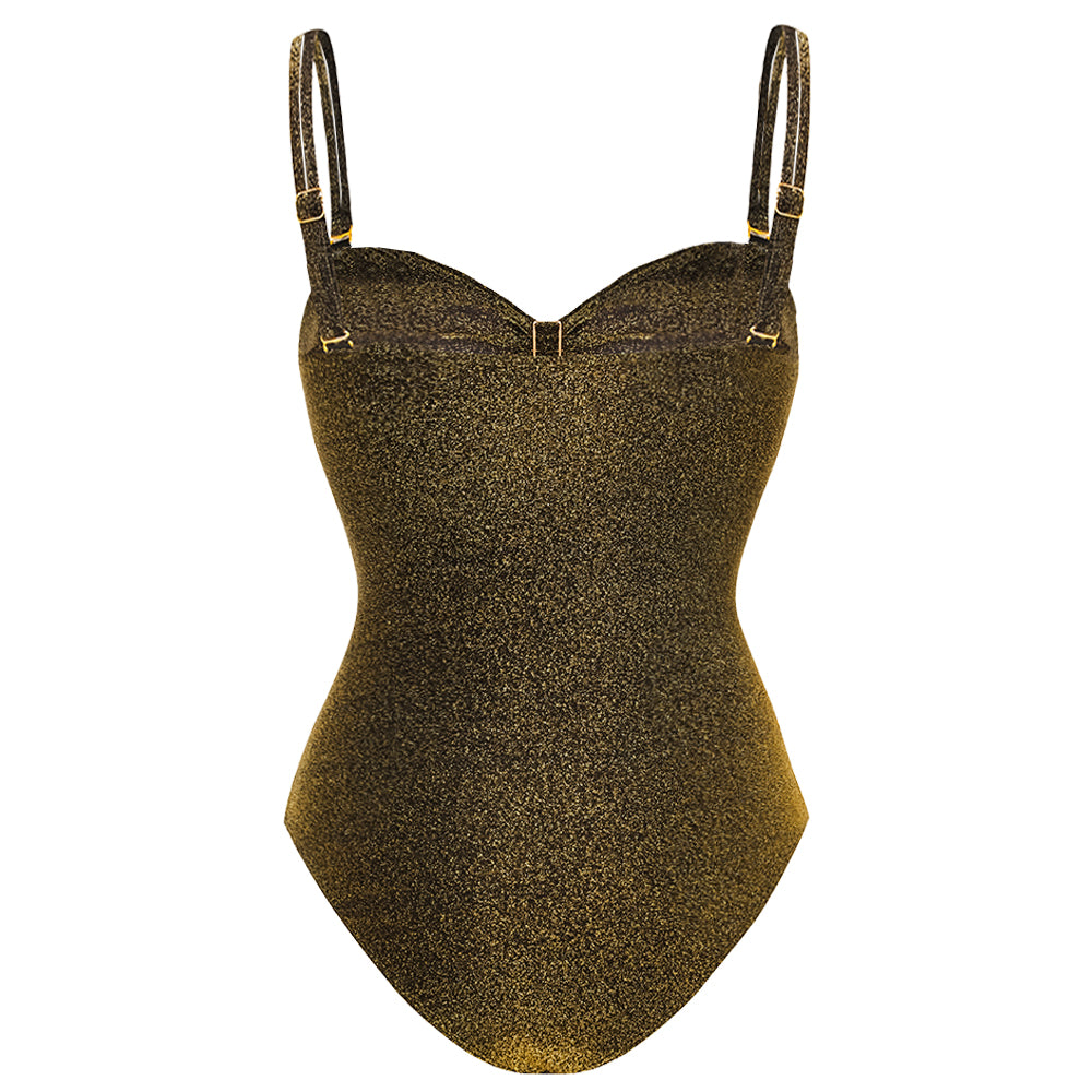 Plus Size Gold Glitter Cutout Fabric One Piece Swimsuit and Skirt
