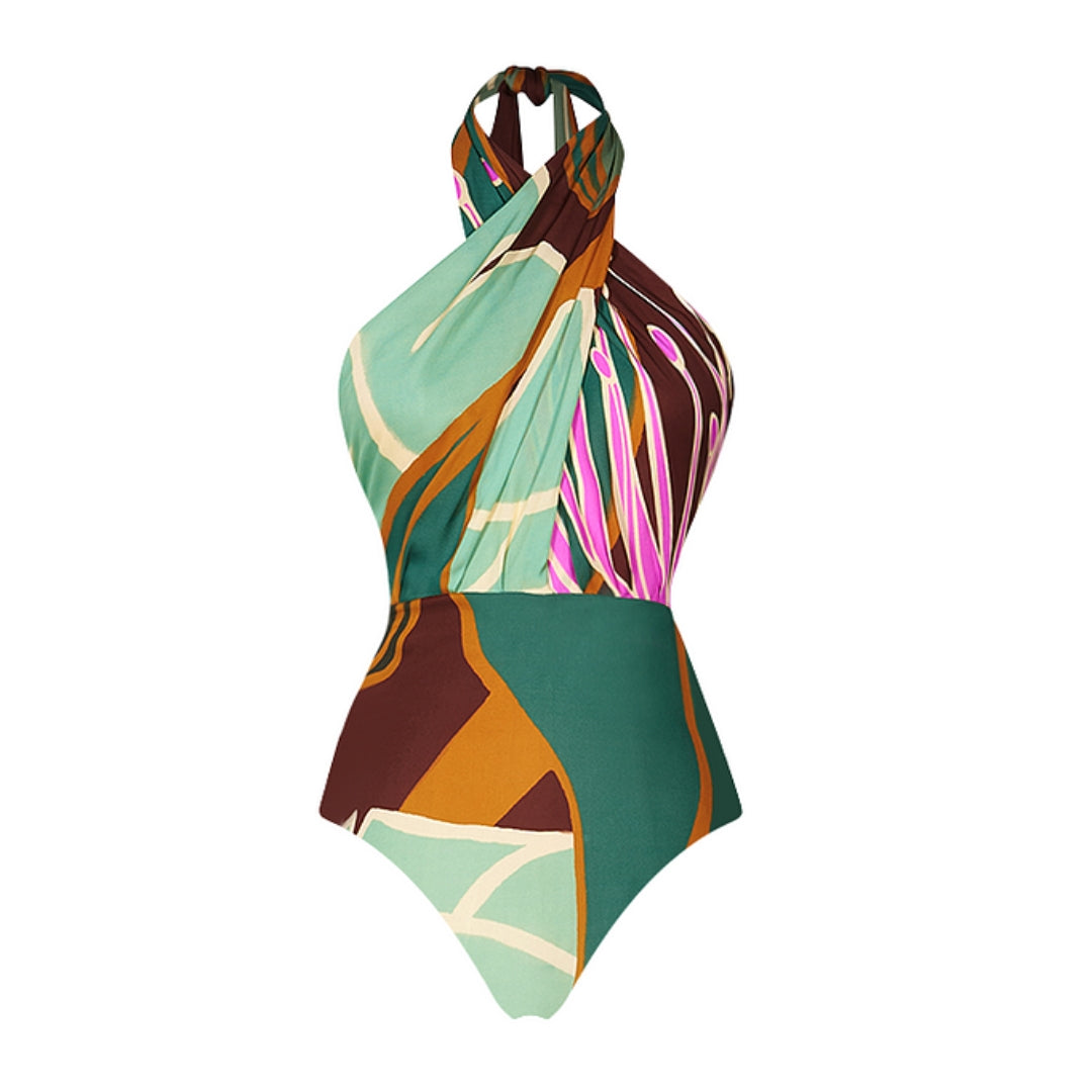 Plus Size Halter Printed One Piece Swimsuit and Skirt Flaxmaker