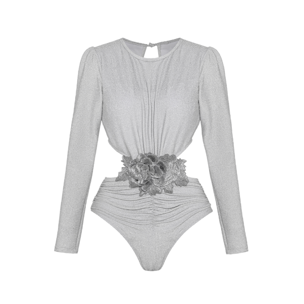 Plus Size Silver Embroidered Long Sleeves Cutout Swimsuit and Sarong