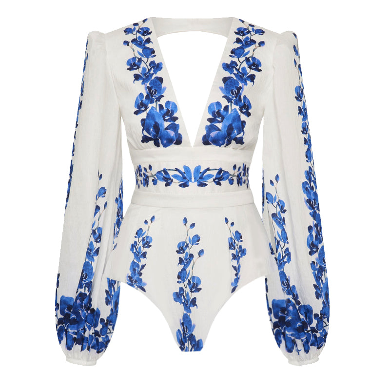 Plus Size Printed Long-sleeved One Piece Swimsuit and Skirt