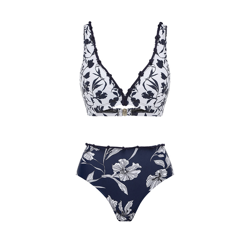 V Neck Bikini Blue Iris Printed Swimsuit Set(s)