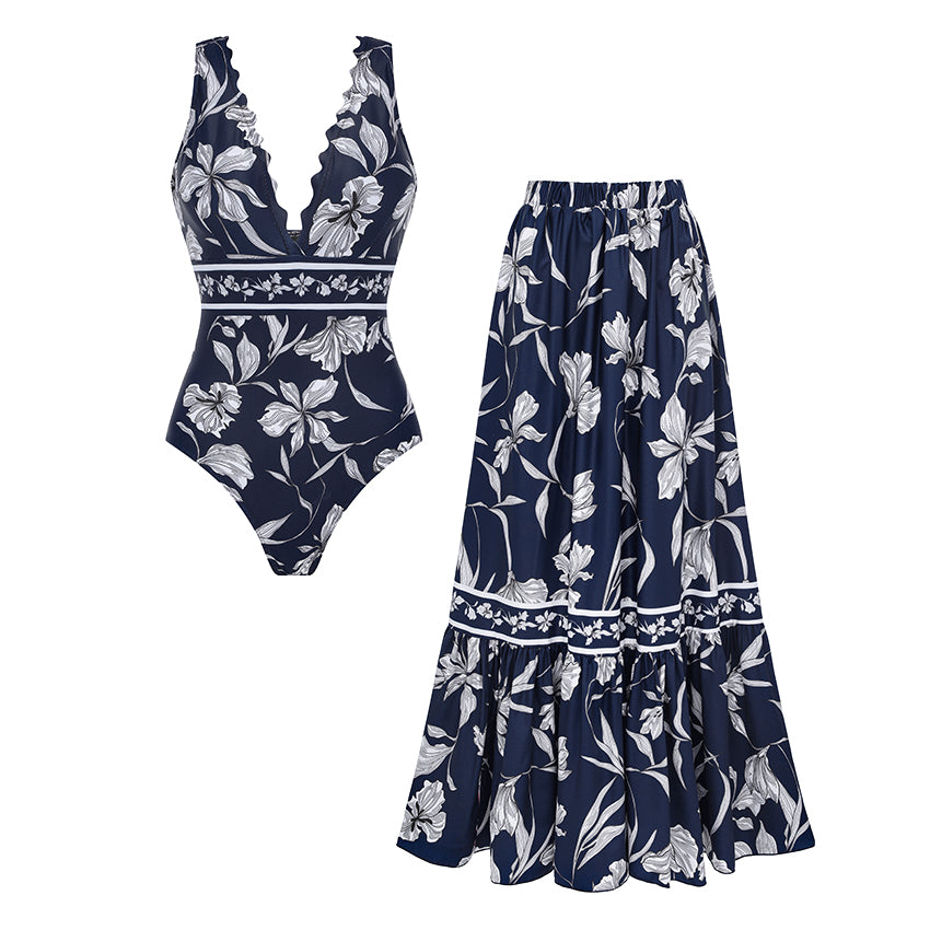 V Neck Scalloped Edge Blue Printed Swimsuit Set(s)