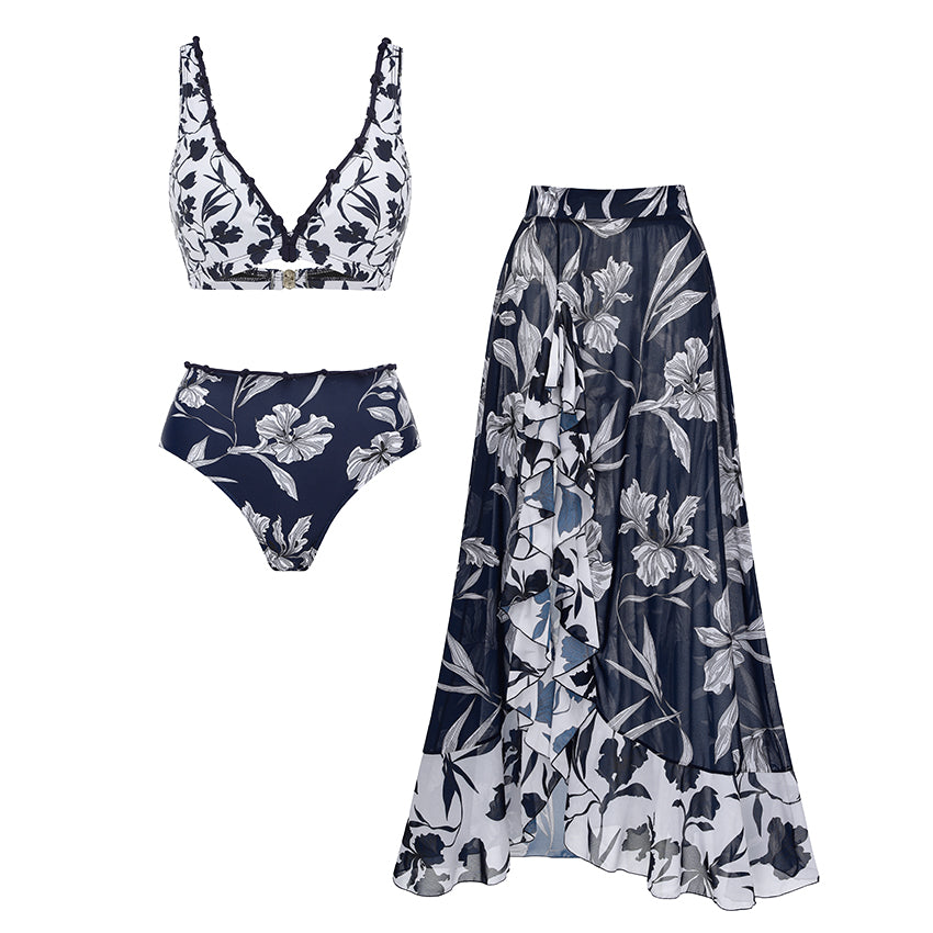 V Neck Bikini Blue Iris Printed Swimsuit Set(s)