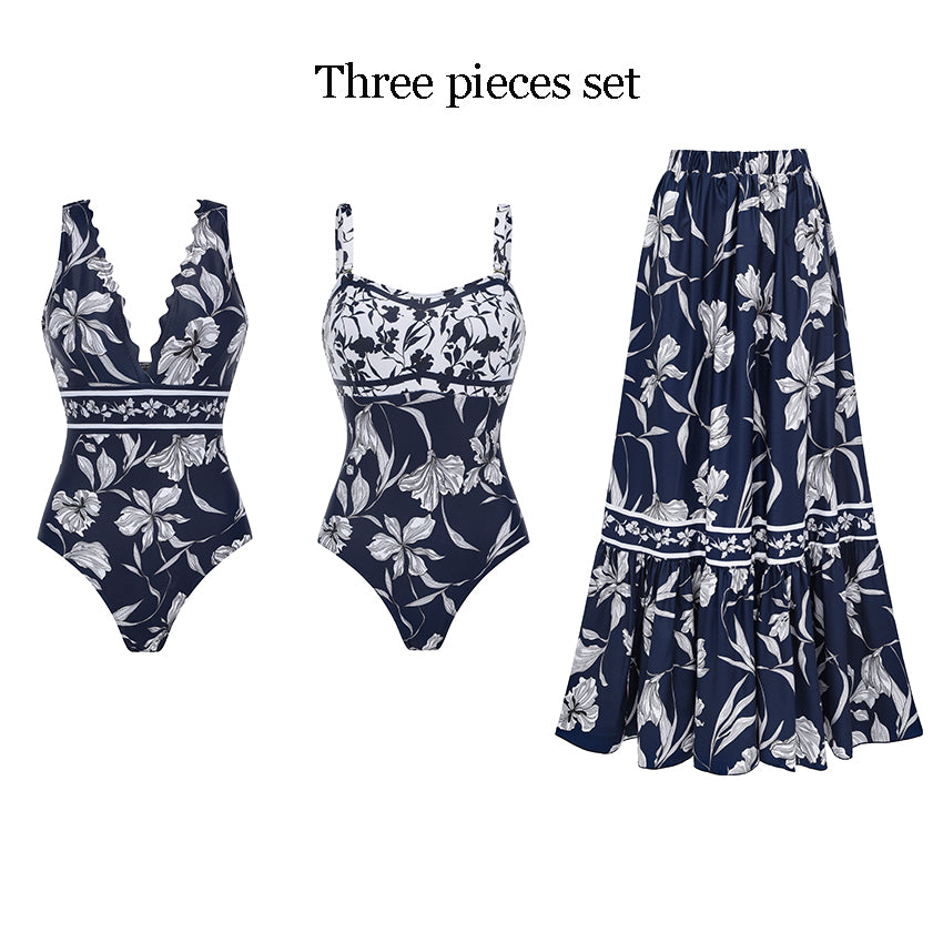 V Neck Scalloped Edge Blue Printed Swimsuit Set(s)
