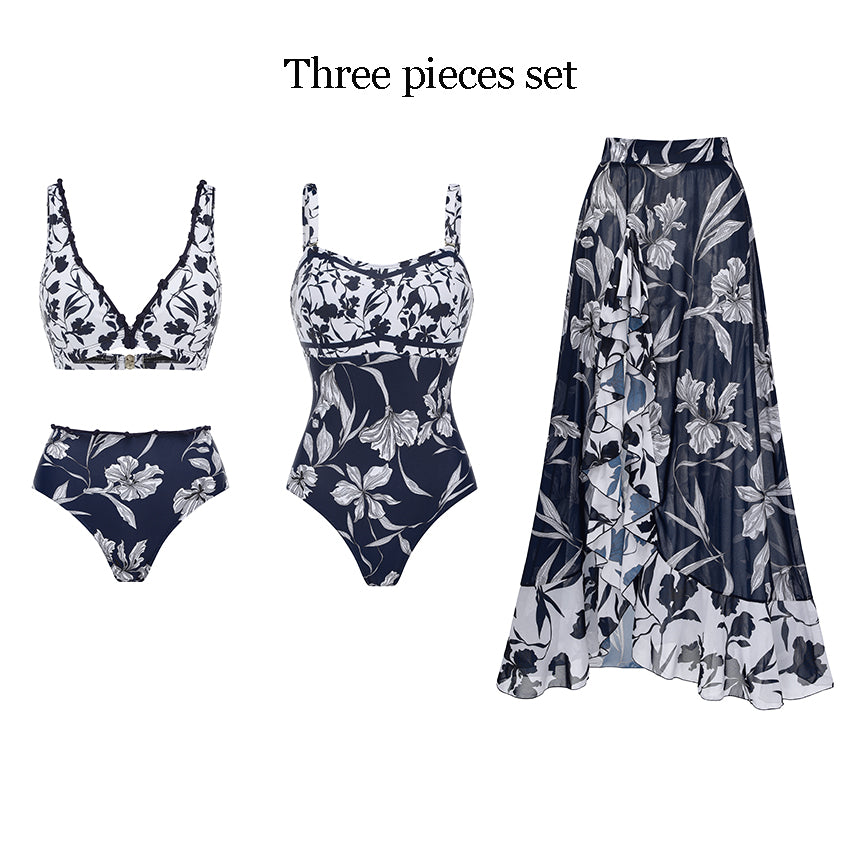 V Neck Bikini Blue Iris Printed Swimsuit Set(s)