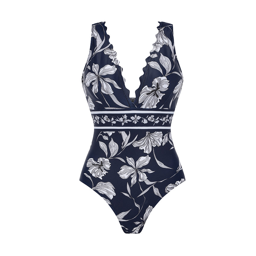 V Neck Scalloped Edge Blue Printed Swimsuit Set(s)
