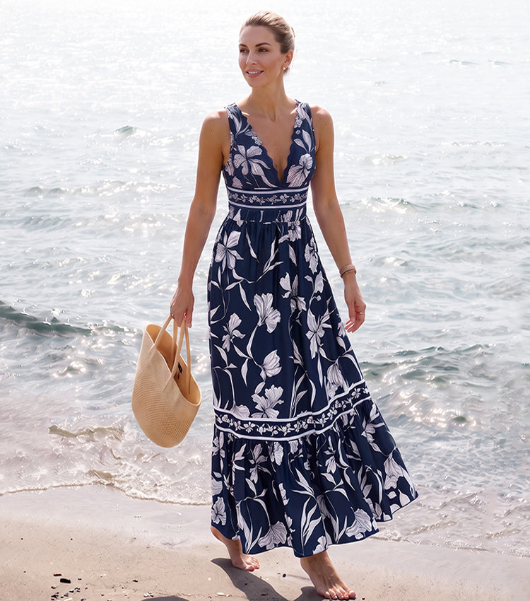 V Neck Scalloped Edge Blue Printed Swimsuit Set(s)