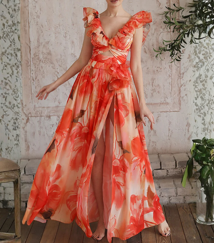 Plus Size Ruffle Shoulder Flower Print One Piece Swimsuit and Skirt