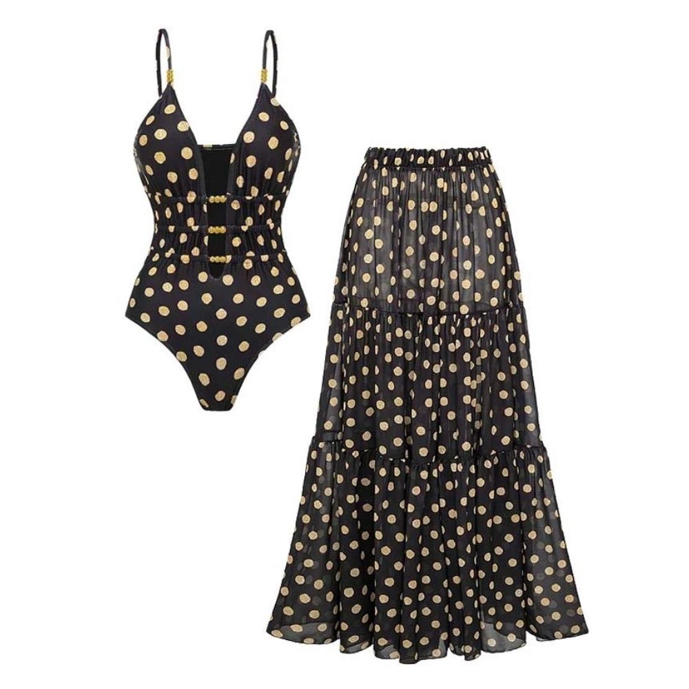 Plus Size Black and Gold Polka Dots V-neck One Piece Swimsuit and Skirt