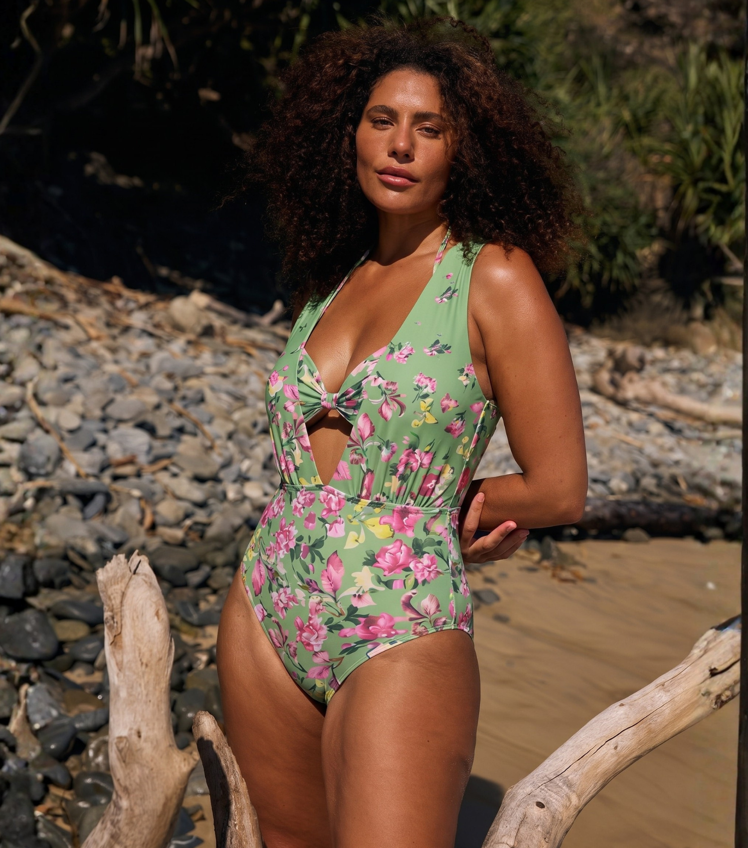 Plus Size Floral Bikini & Plunging Ruched Swim Set