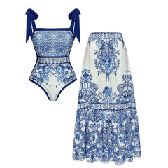Plus Size Blue and White Porcelain One Piece Swimsuit and Skirt