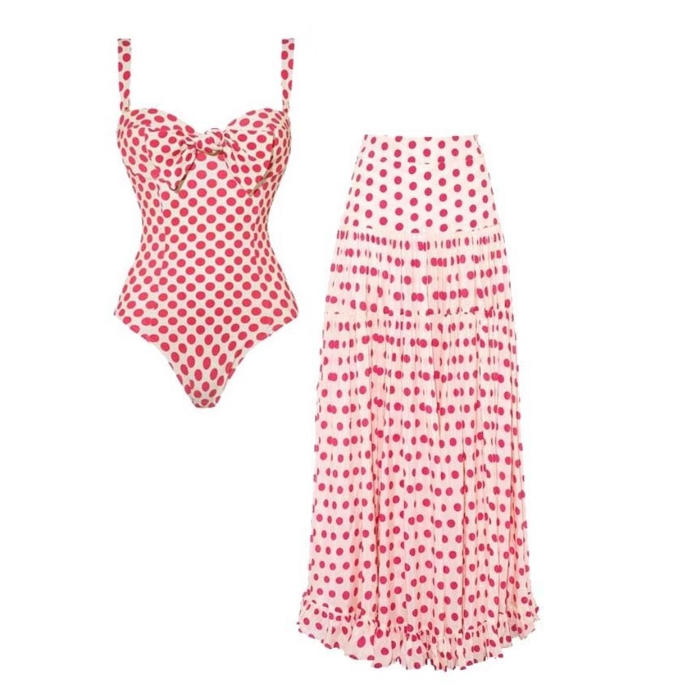 Plus Size Bowknot Polka Dot Print One Piece Swimsuit and Skirt