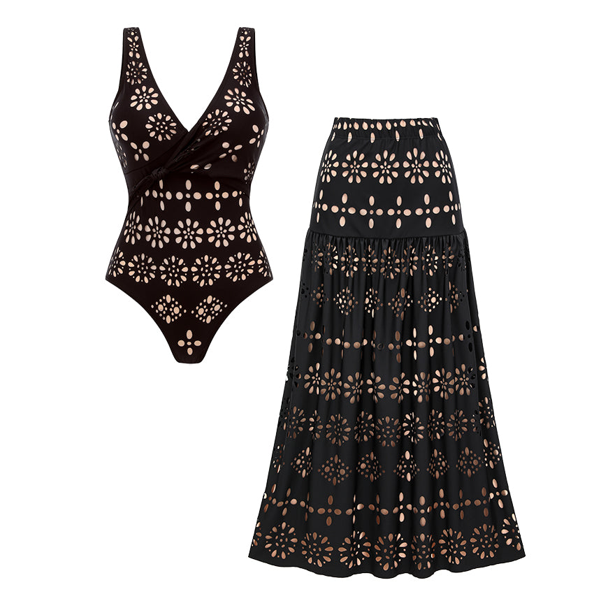 Cross-knotting Laser Cutting Flower Swimsuit Set(s)