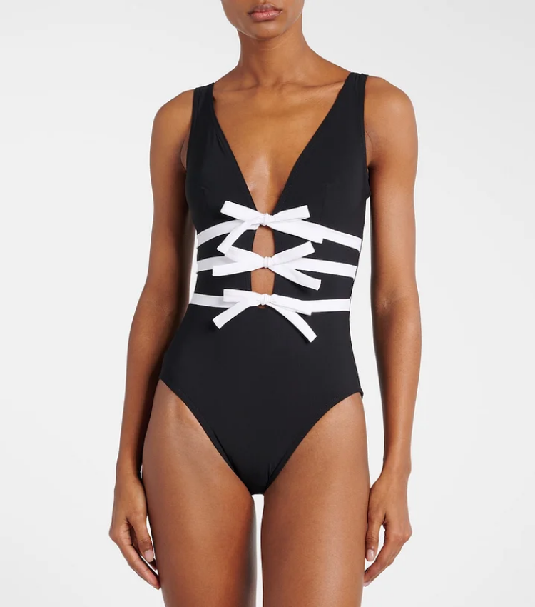 Plus Size Bowknot Decor Black One Piece Swimsuit and Skirt