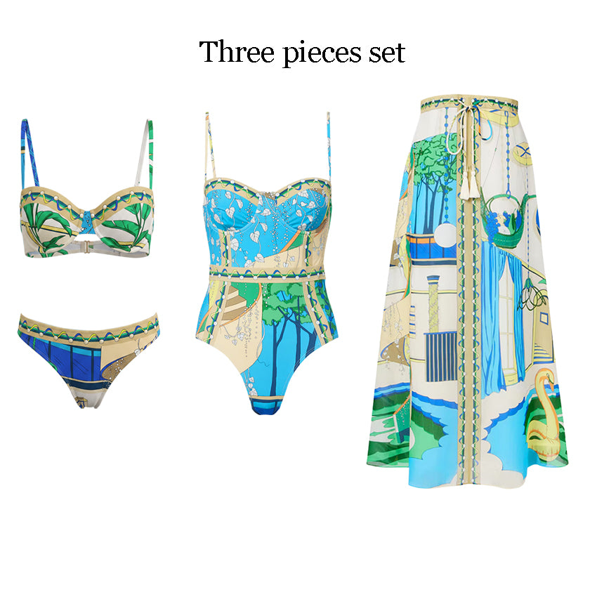 Bandeau Blue Vacation Printed Swimsuit Set(s)