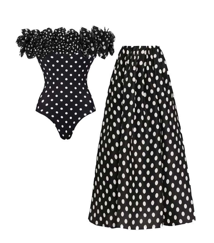 Plus Size Bandeau Polka Dot Print One Piece Swimsuit and Skirt