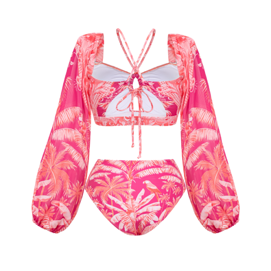 Plus Size Long-sleeved Tropical Jungle Print Bikini Swimsuit and Sarong Flaxmaker