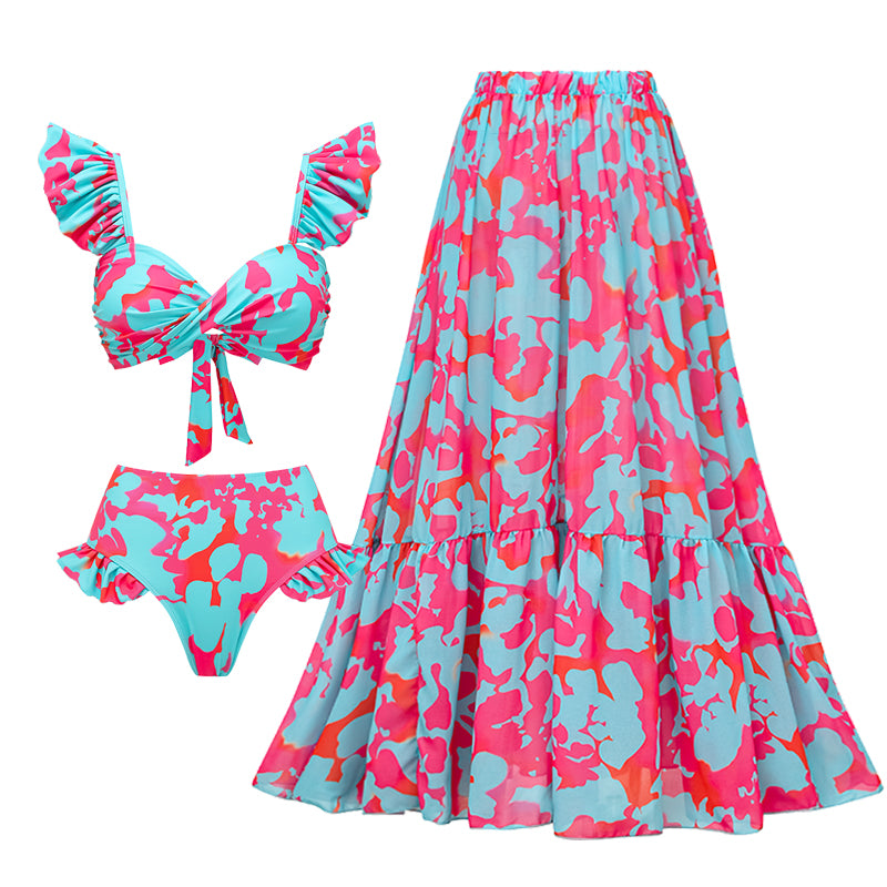 Plus Size Printed Ruffle Bikini Swimsuit and Skirt