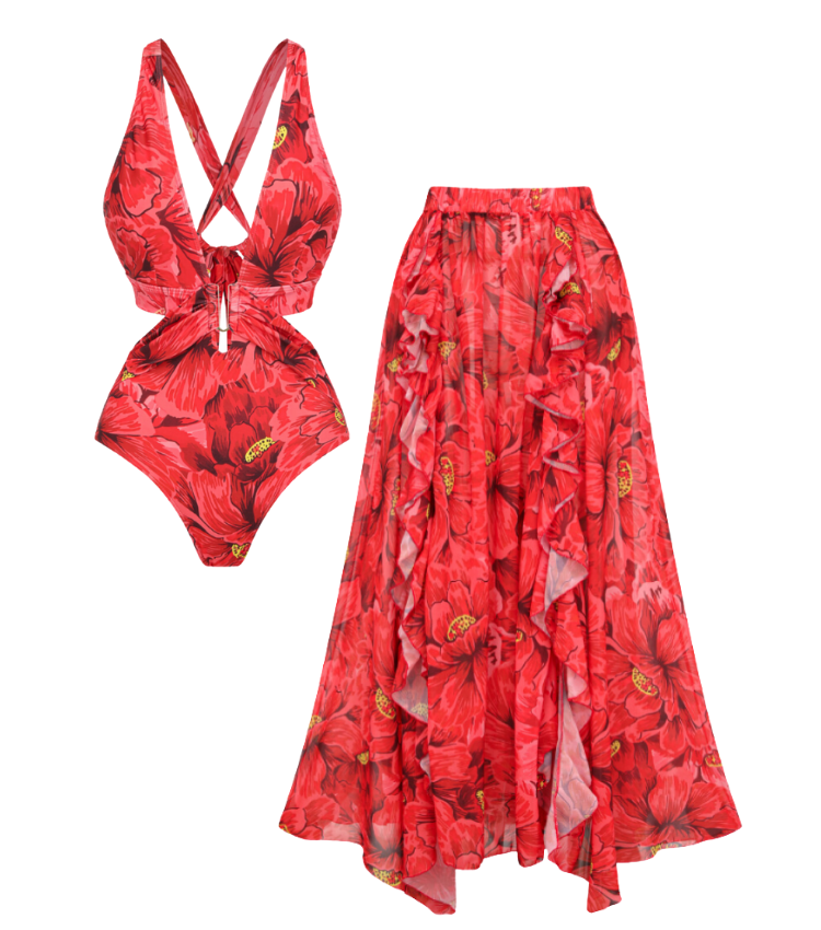 Blooming Red Flower Print Cut Out One Piece Swimsuit and Skirt