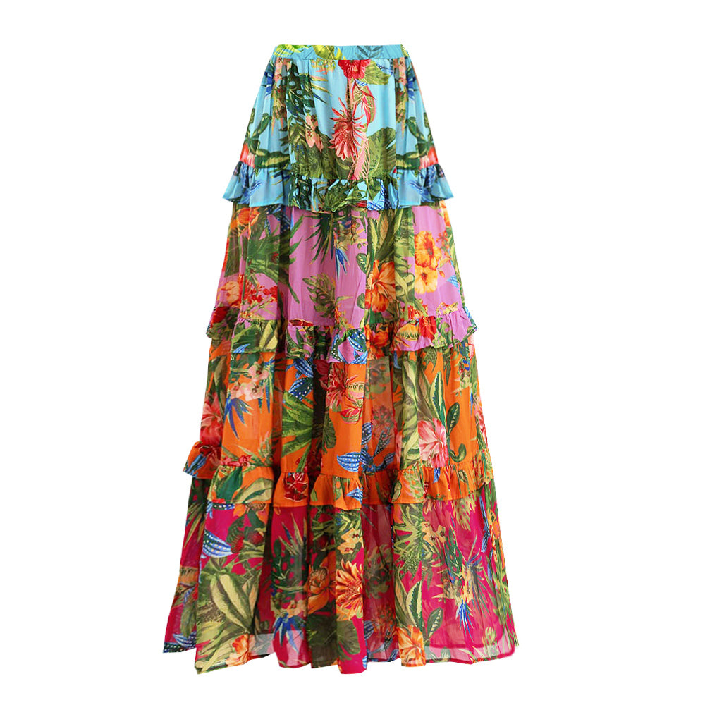 Plus Size Sling Ruffle Printed One Piece Swimsuit and Skirt