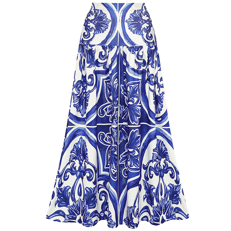 Plus Size Sling Classic Majolica Series Pattern Print One Piece Swimsuit and Skirt or Shorts