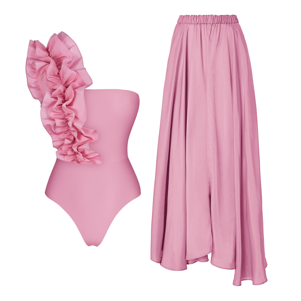 Plus Size One Shoulder Ruffle Solid Color One Piece Swimsuit and Skirt