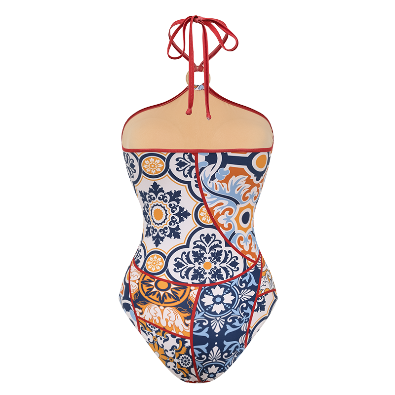 Plus Size Printed Halter One Piece Swimsuit and Sarong Flaxmaker