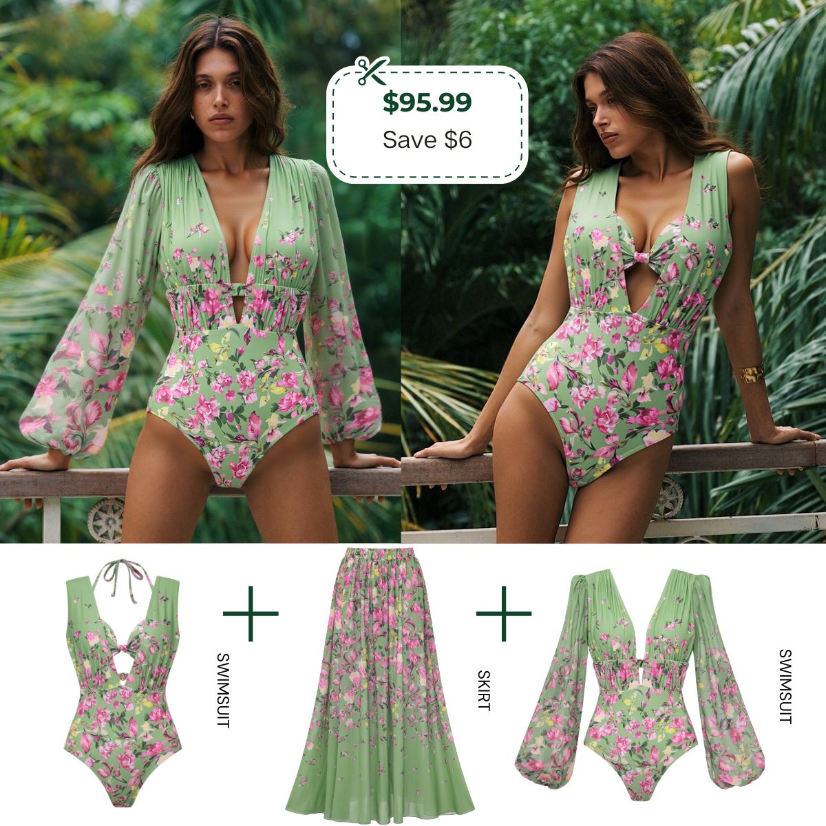Plus Size Floral Bikini & Plunging Ruched Swim Set