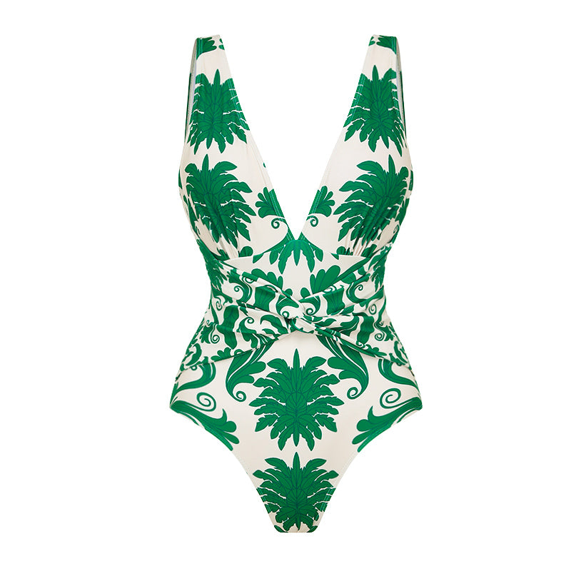 Plus Size V Neck Green Printed Knotted at Waist Tummy Control One piece Swimsuit and Skirts or Pants