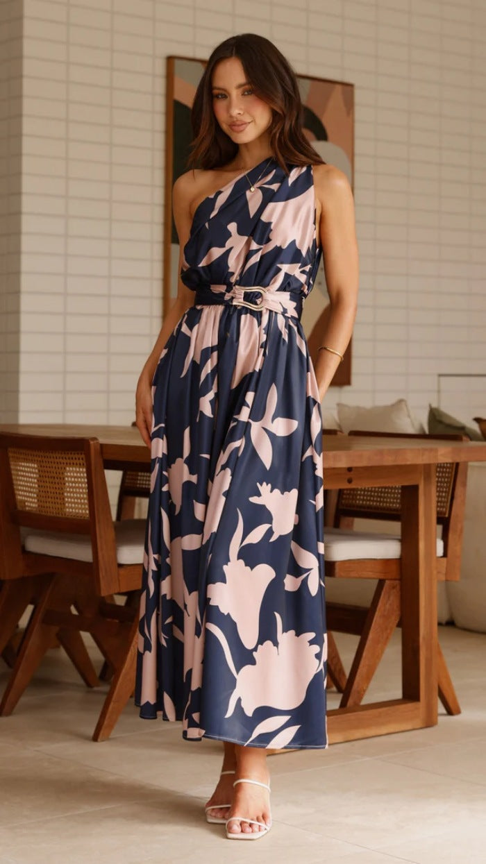 Oblique Shoulder Printed Dress